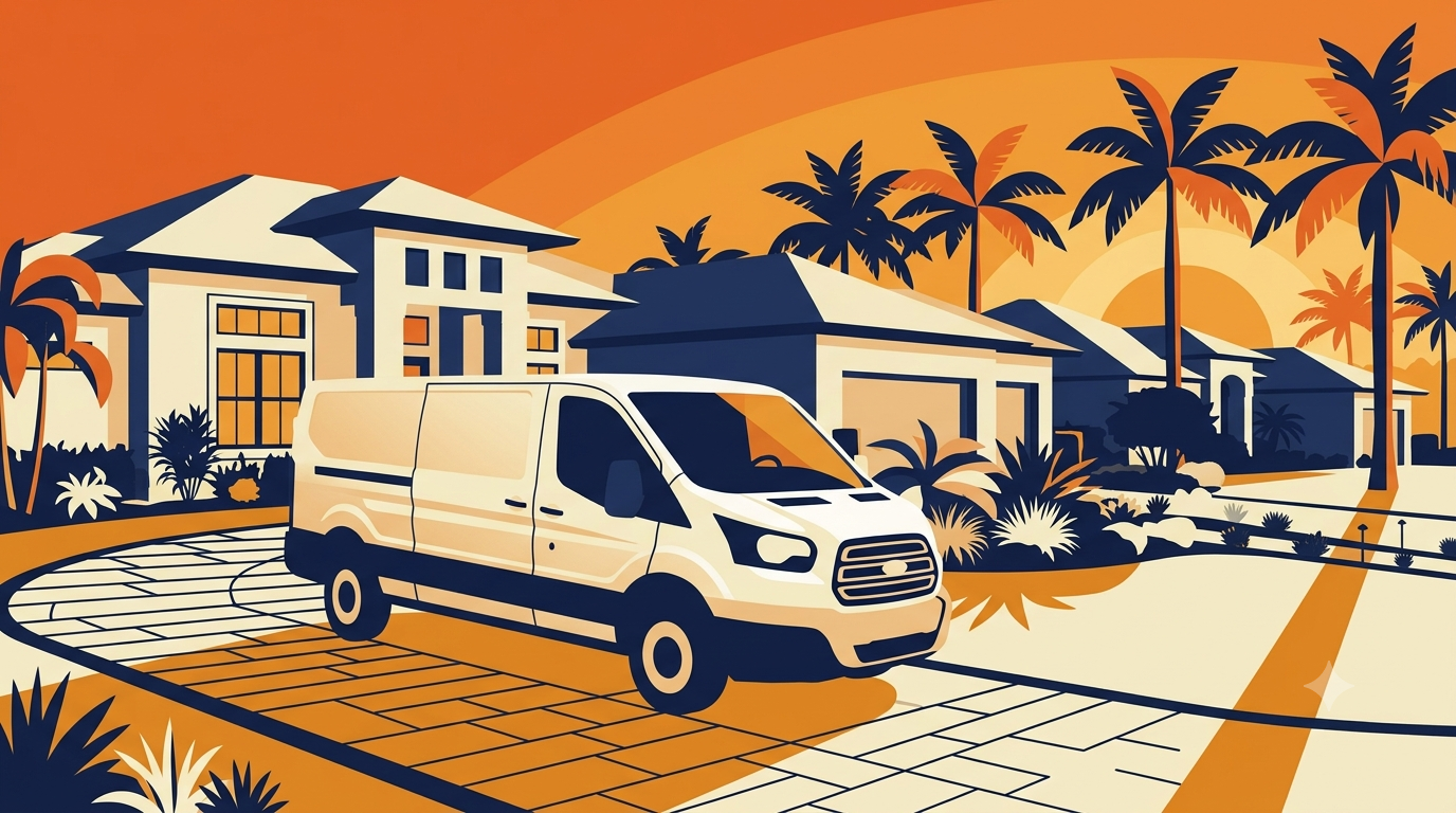 Illustration of a plumbing service van parked in a sunlit neighborhood